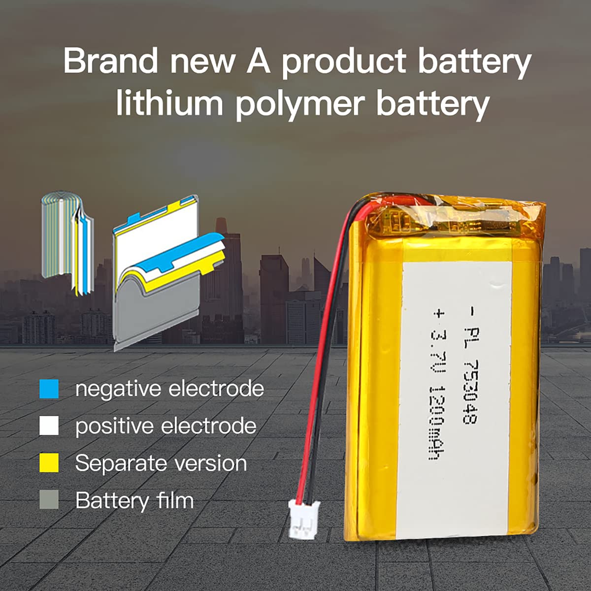 3.7V 1200mAh Li-Po Akku 753048 – Mit 2P PH-Anschluss, 2.0 Mm Raster, Für Elektronik & Geräte