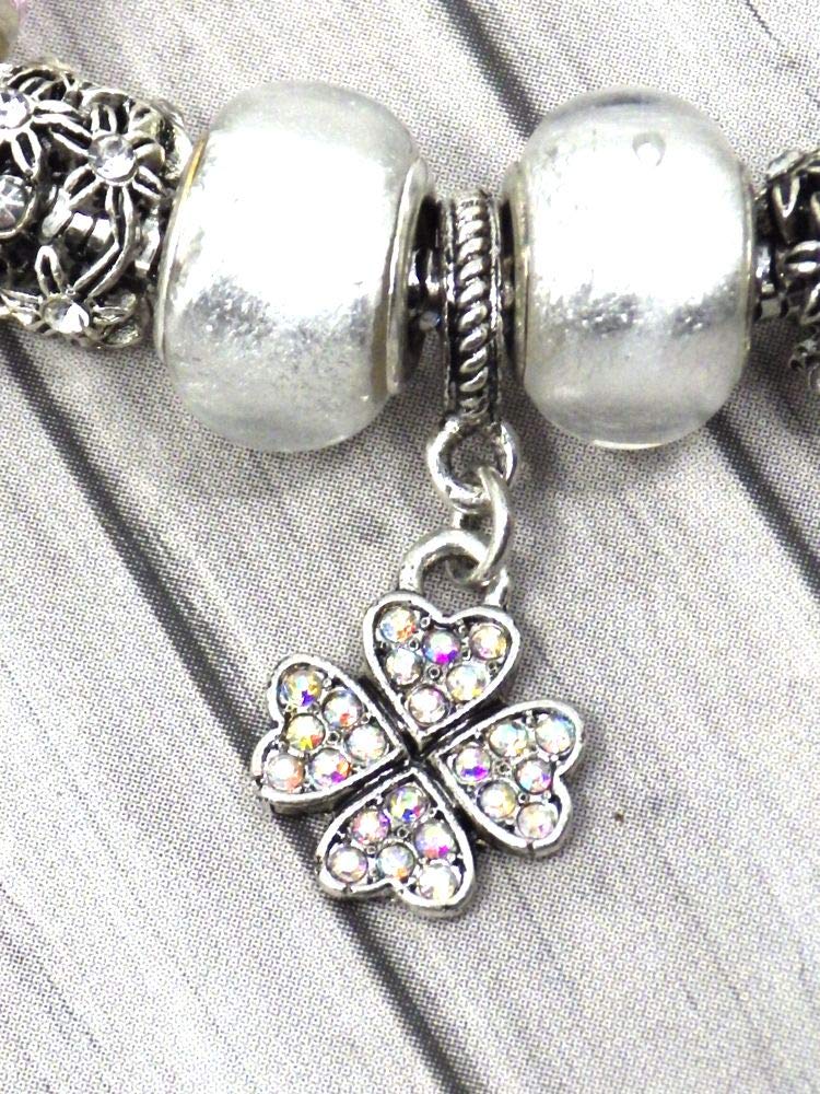 Parure charms mujer de acero inoxidable con collar pulsera y colgante trébol con cristales