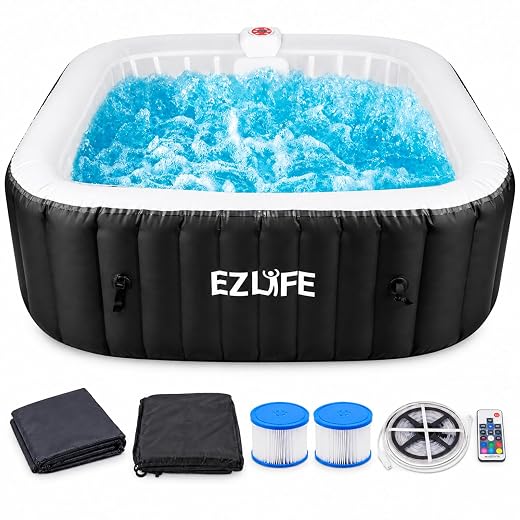 EZLIFE 6-Person Inflatable Hot Tub Spa with LED Light Strip | 130 Air Jets, 1,350W Heater, 252-Gallon Square Spa with Cover & Plug-and-Play 120V Setup