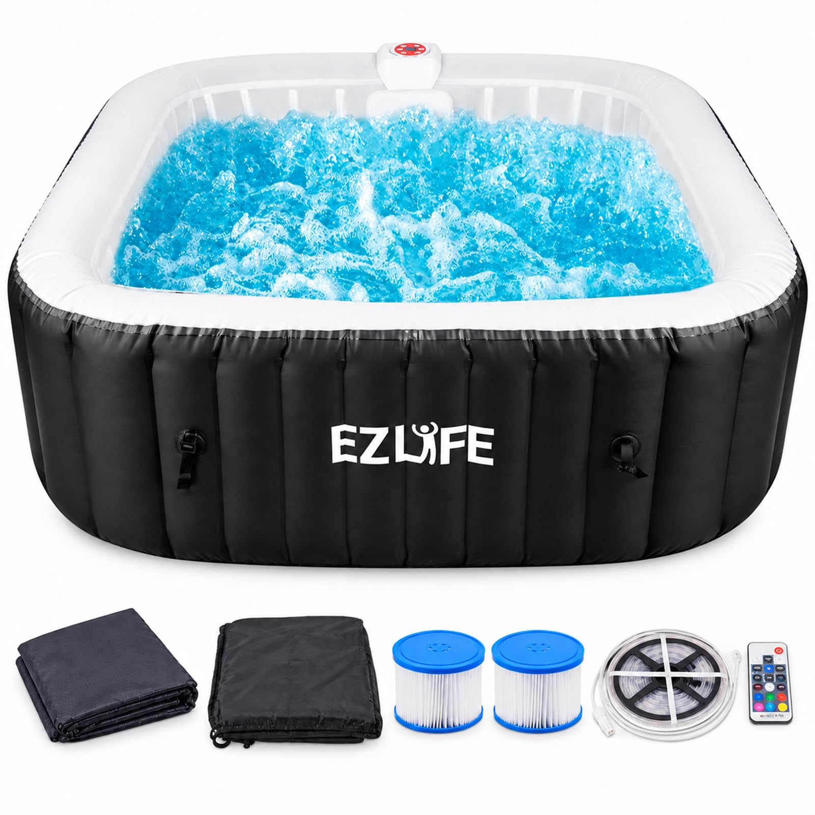EZLIFE 4–6 Person Square Inflatable Hot Tub with Multicolor LED Lights