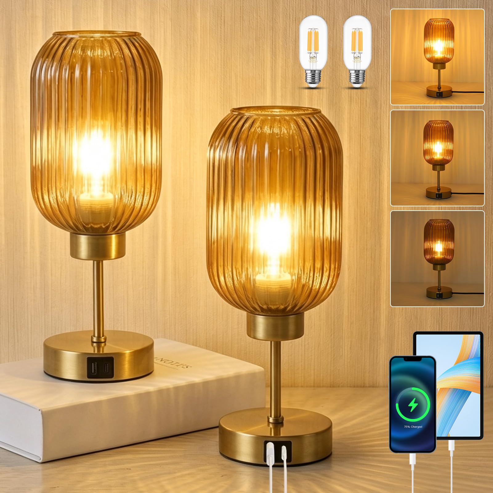 Vintage Gold Table Lamps Set of 2 Touch Control, Small Desk Lamp with Amber Glass Shade, Bulb, Charging Port, Mid Century Modern Bedside Lamp, 3 Way Dimmable Nightstand Lamp for Bedroom Living Room