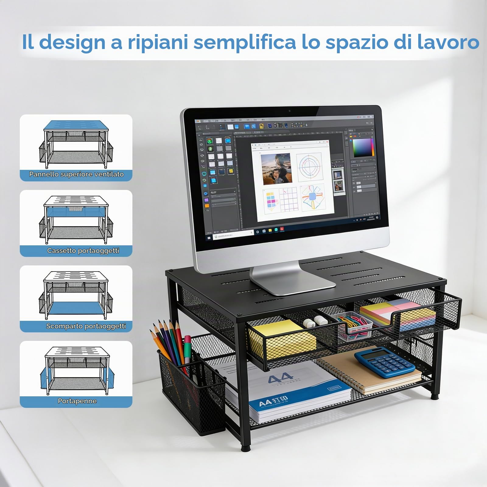Supporto per monitor, organizer da scrivania in metallo con cassetto e 2 portapenne, rialzo ergonomico per monitor per stampante, laptop e ufficio, espositore a 2 livelli (nero)