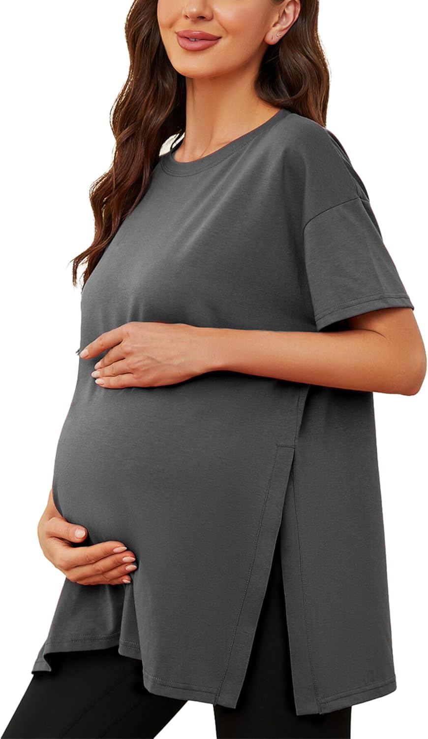 Liu & Qu Womens Maternity Shirts Short Sleeve Split Side Casual Pregnancy Clothes Crewneck Loose Maternity Tops