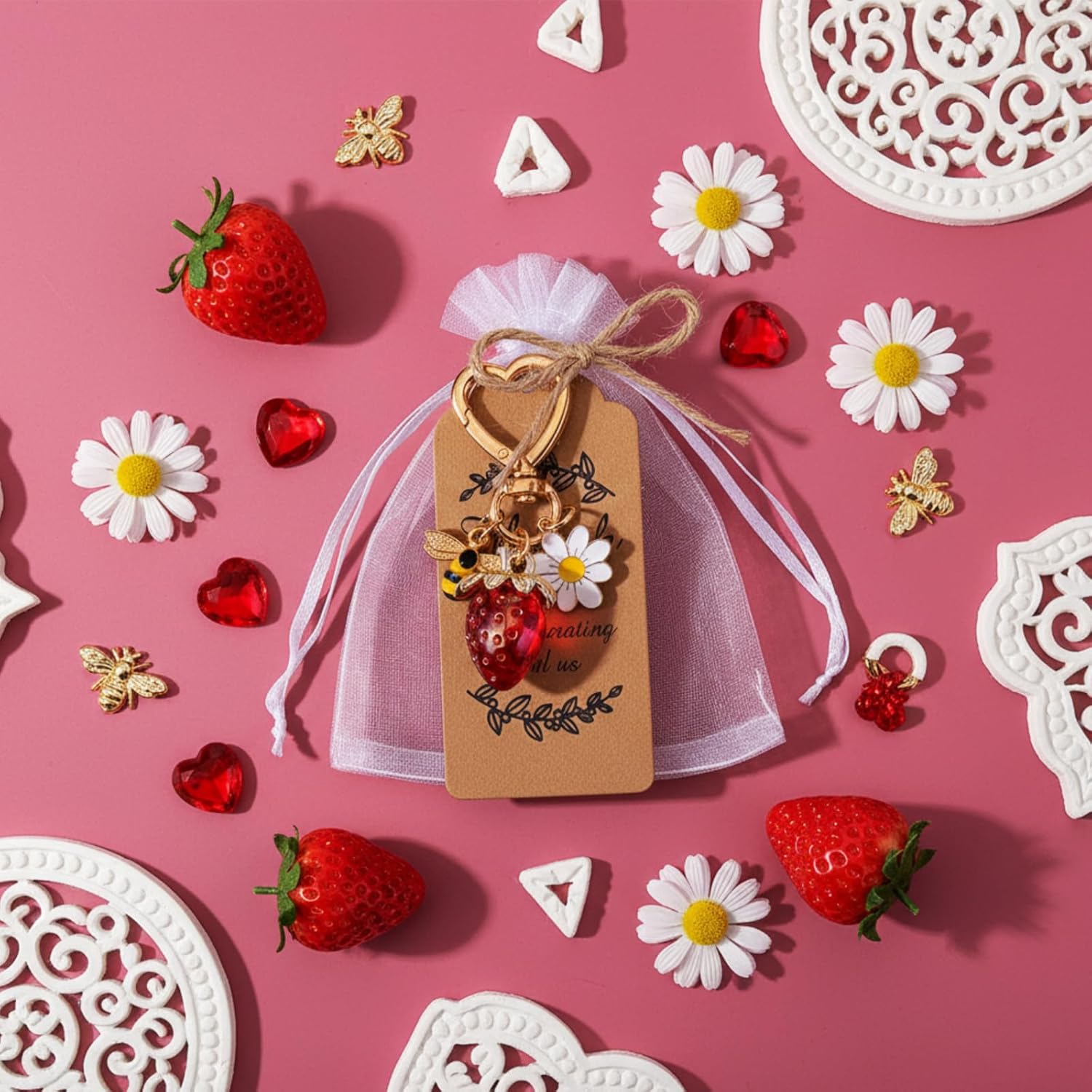 Ecation 20 Set Strawberry Keychain Party Favor Gift Set for Women Cute Key Chain Bag Charm Accessories with Thank You Card