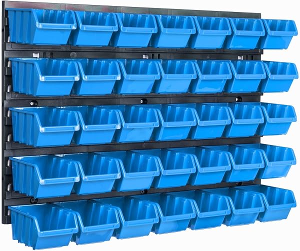 System magazynowy, regał ścienny 576 x 390 mm, 35 szt. pudełko, pudełka do układania w stos, półki magazynowe, bardzo mocne płyty ścienne, możliwość rozszerzenia, regał warsztatowy, regał magazynowy,