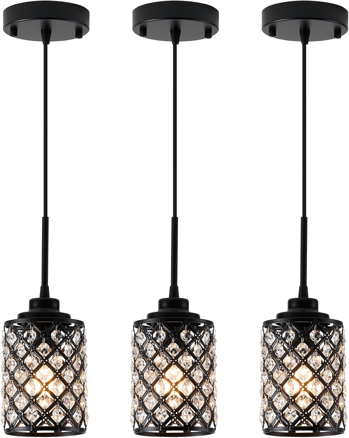 Small Pendant Light Fixtures,3-Pack Modern Pendant Lights Kitchen Island,Black Matte Finish Hanging Lighting K9 Crystal Mini Chandelier for Dining Room,Hallway,Bedroom,Foyer（3 Pack