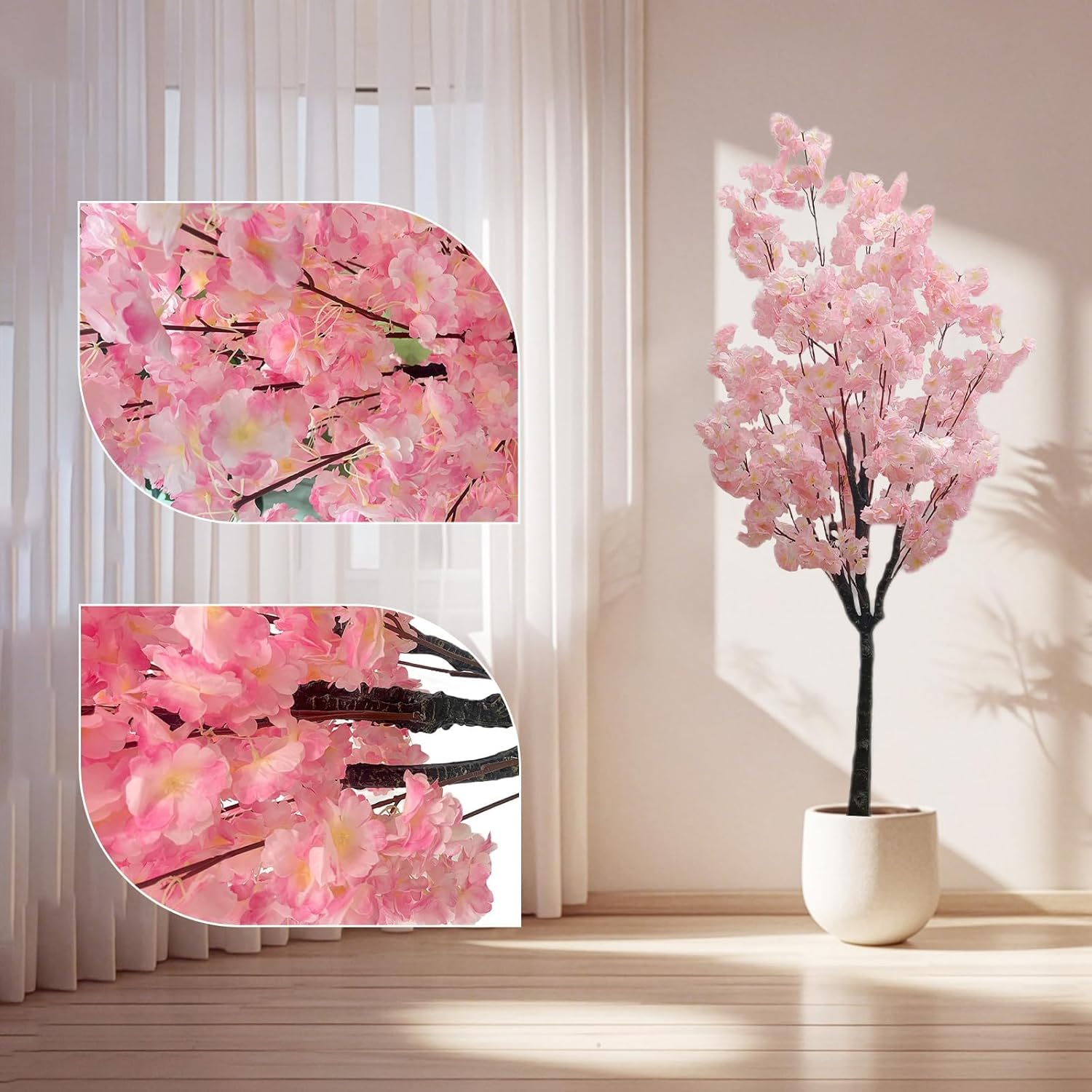59 Inch Faux Cherry Blossom Tree with Pot, Artificial Indoor Cherry Blossom Plant, Adjustable Decorative Fake Tree for Home, Office & Entryway
