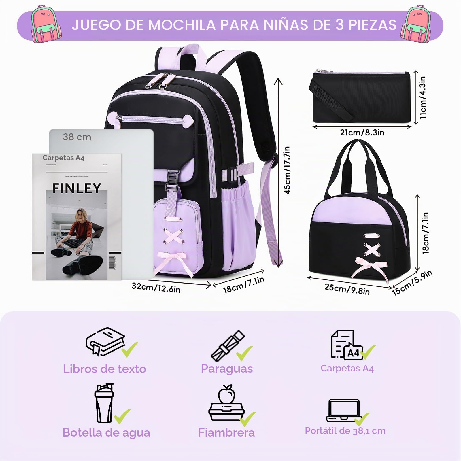 Tanou Mochila Escolar Adolescente Niña, Mochila Casual de 3 Piezas