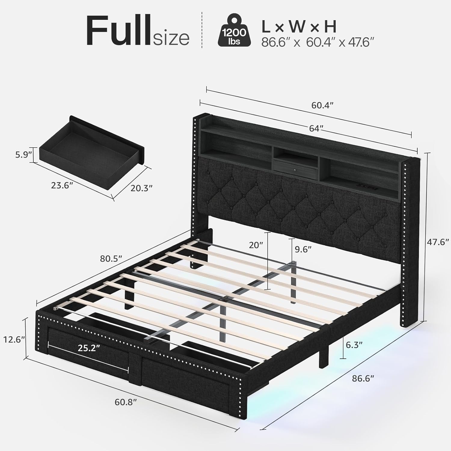 Linen Full Size Bed Frame with 2-Tier Storage Headboard and Charging Station, Upholstered Platform Bed Frames with 2 Storage Drawers, Wooden Slats Support, No Box Spring Needed, Black - Image 2