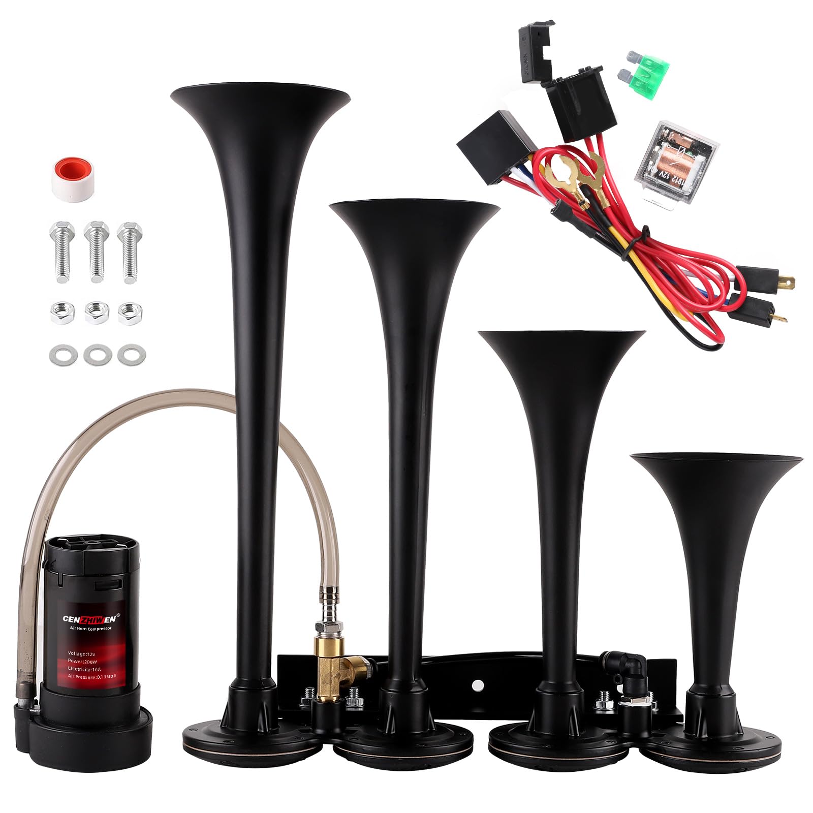 Train Horn drill Kit,12V 150db Super Loud Air Horns 4 Trumpet with compressor suitable for pickup/motorhome/SUV/truck/train(4-Trumpet with Air Compressor 12V and button)