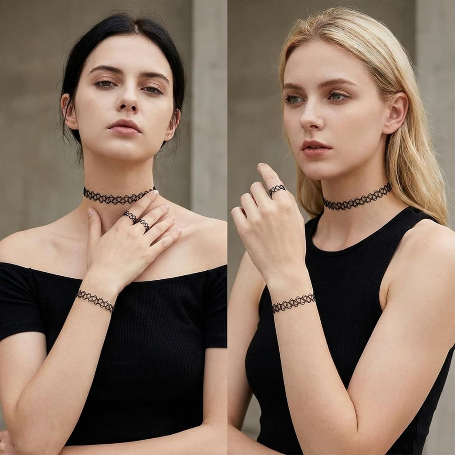 9 PCS Black Tattoo Choker Jewelry Set, Elastic Stretchy Adjustable Gothic Y2K Vintage 90s Grunge Lace Necklace Bracelet Ring Fashion Accessories for Women