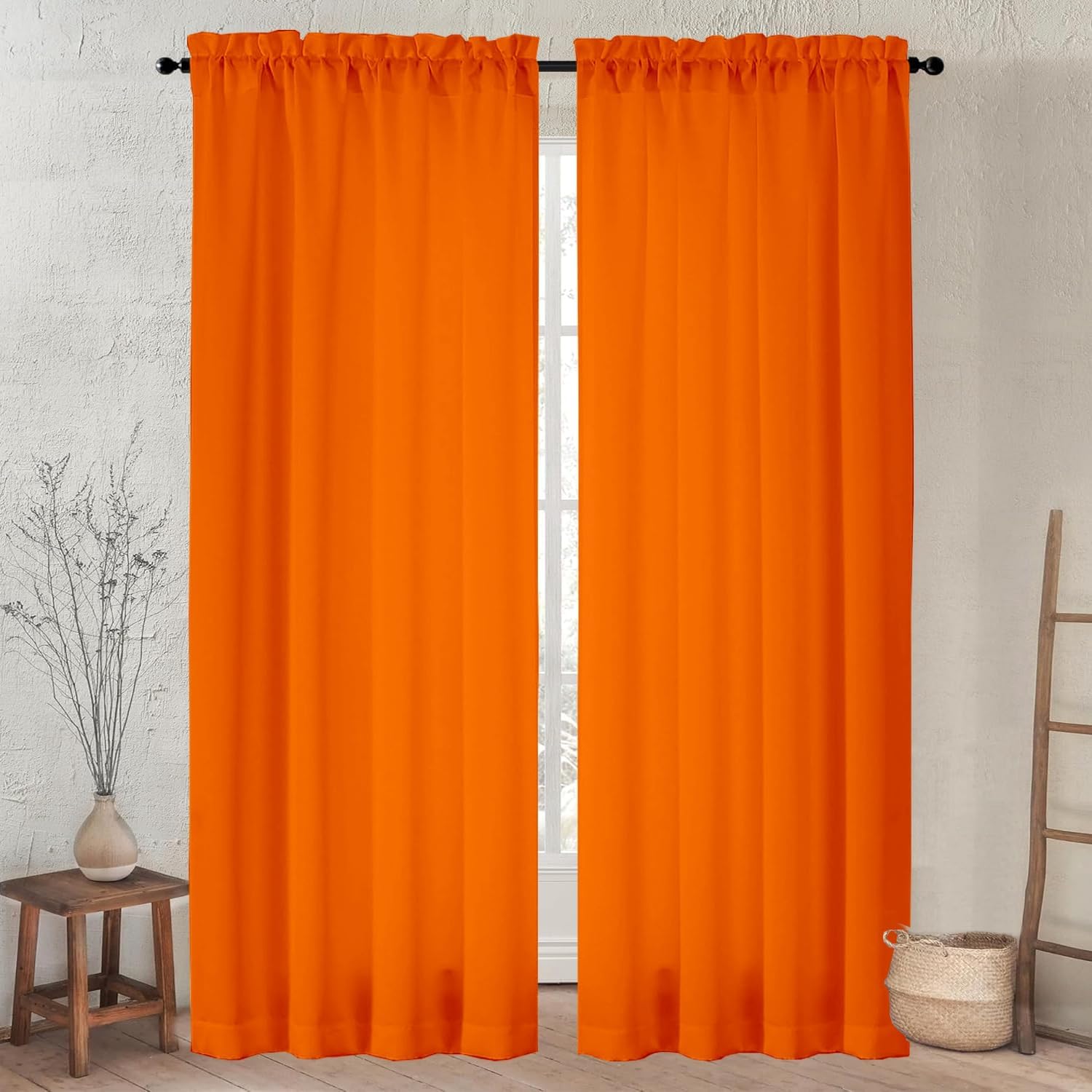 2 Panels Orange Curtains for Living Room Boho Solid Light Filtering Curtains for Bedroom Modern Bright Orange Window Treatment Set Rod Pocket Drapes Elegant Farmhouse Semi Sheer Curtains 52X84 Inches