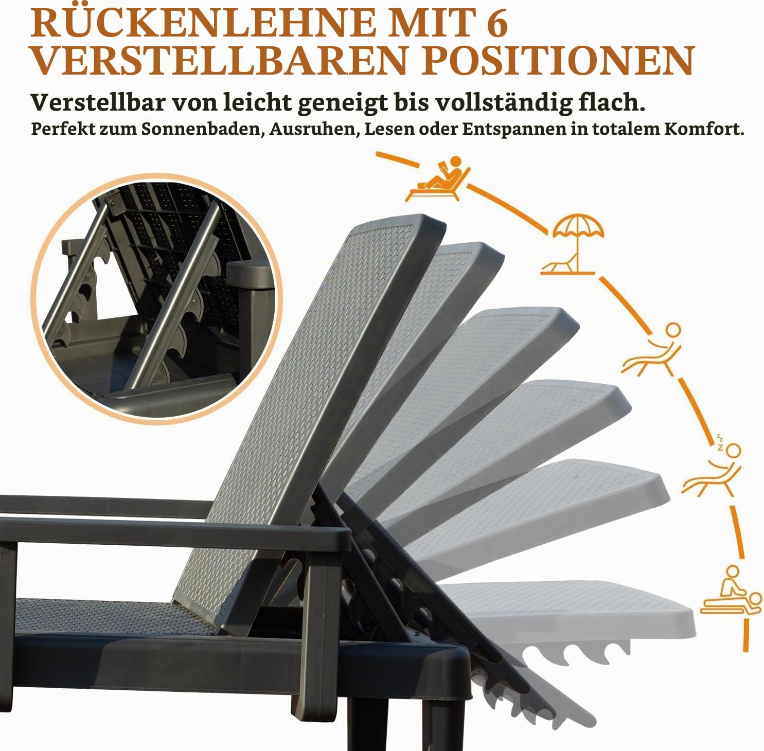 Generisch Domi Sonnenliege, 2er-Set – Gartenliegen mit 6-Fach Verstellbarer Rückenlehne und Armlehnen, wasserfeste Kunstharz-Liegen, geeignet für Pool, Terrasse, Garten und Balkon, Grau