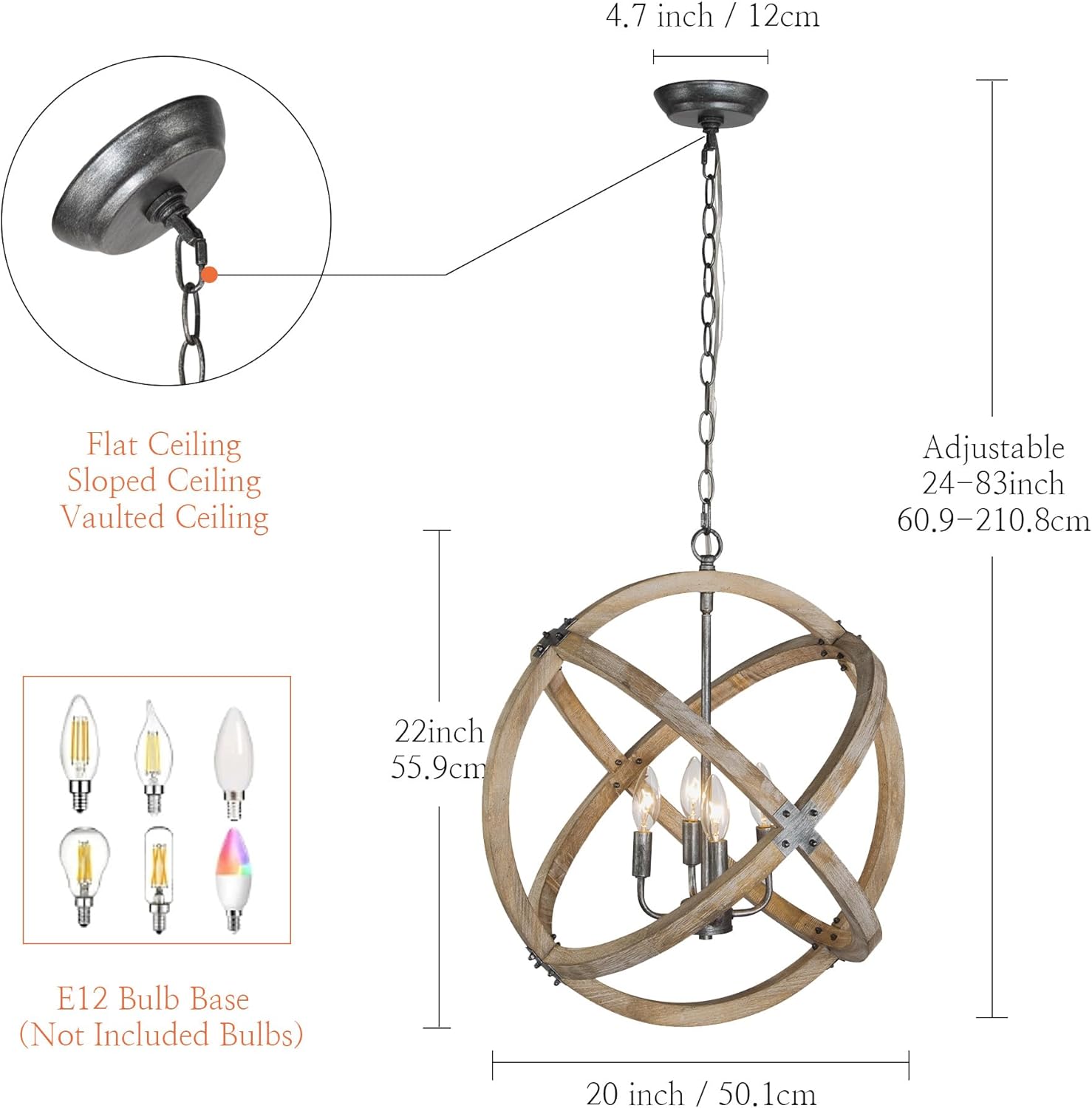 KSANA Wood Orb Chandelier, Rustic Farmhouse 4-Light Globe Hanging Fixture with Black Brushed Silver Accents for Dining Room, Foyer, Bedroom and Kitchen