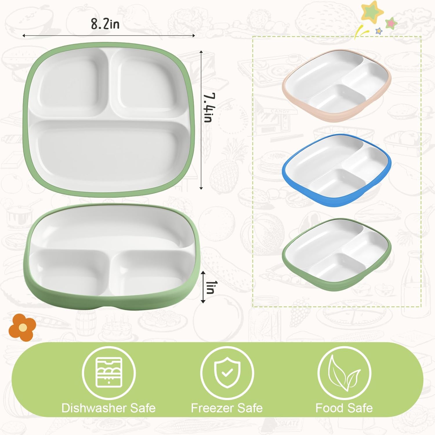 Domensi 3 Sets Kids Porcelain Plates with Silicone Sleeves Toddler Divided Porcelain Plate Baby Ceramic Dishes Snack Container for Kid Toddler Baby Feeding Microwave Dishwasher Safe(Classic Color)