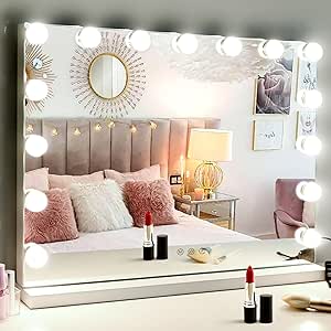 M MIVONDA Hollywood Vanity Mirror with Dimmable 15 LED Bulbs, 3 Lighting Modes, 10X Magnifier, and USB Charging Port