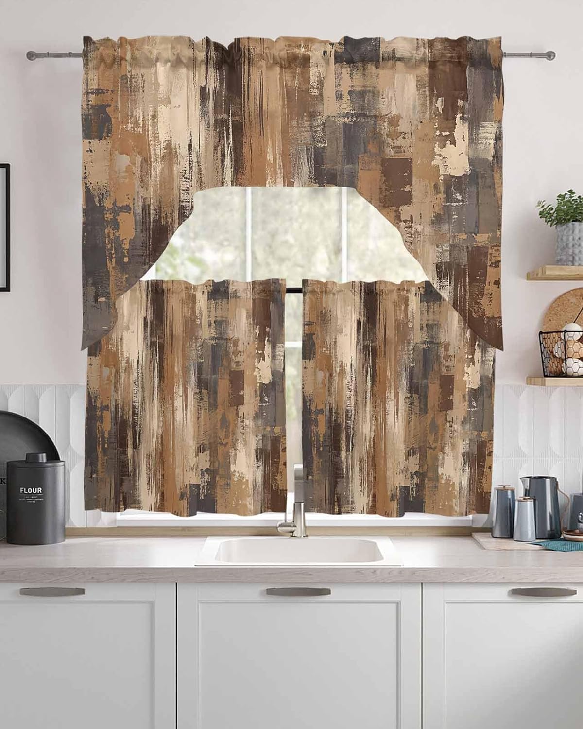 Brown Abstract Swag Kitchen Curtain Sets with Valance, 3 Pieces Vintage Geometric Gradient Oil Painting Modern Curtain Drapes for Bedroom Living Room Bathroom Windows, 56''x36'' & 36''x27.5''x2Panels