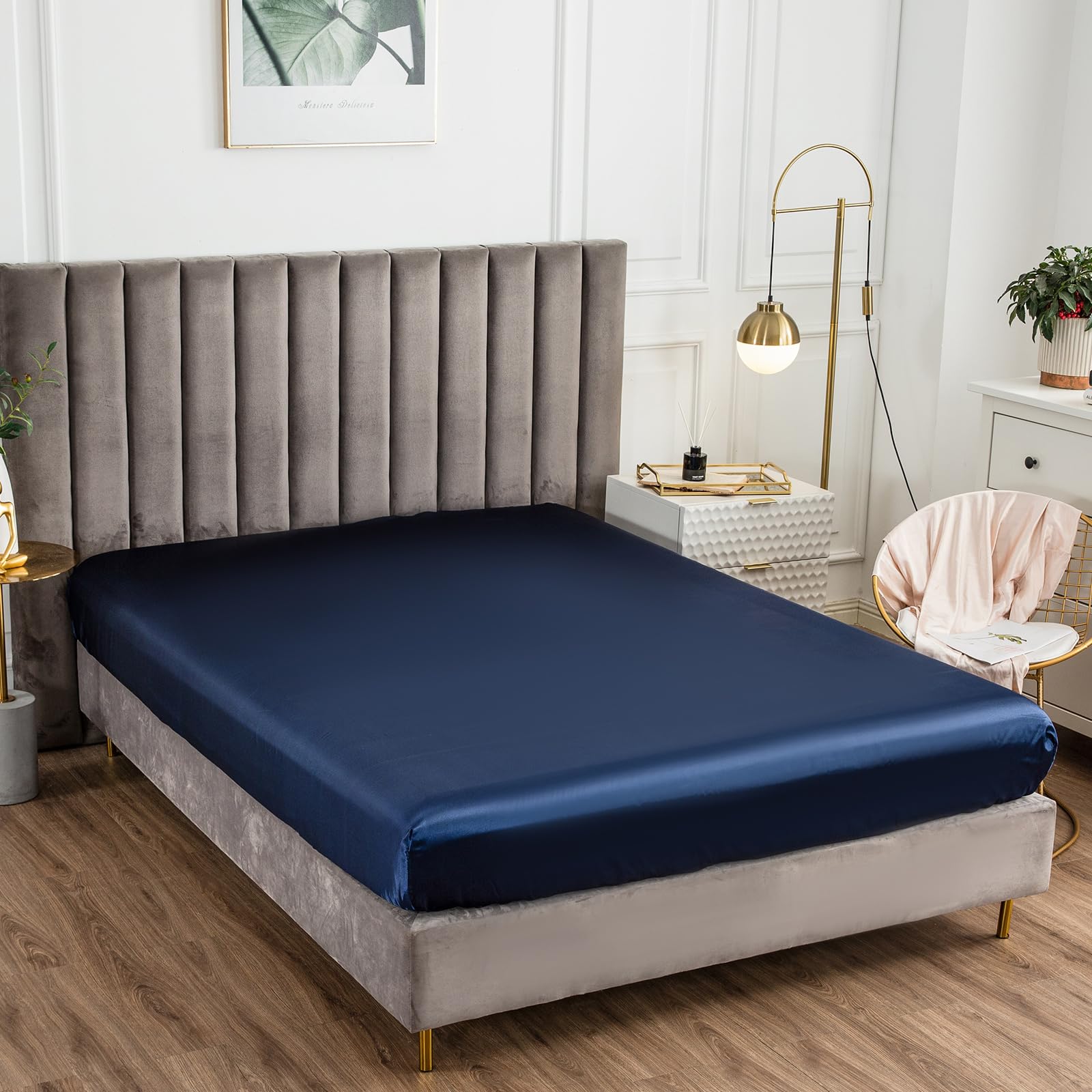 Morbuy Small Double Fitted Sheet Satin Silk Bed Sheets, Navy Blue Fitted Sheets Deep Pocket 30 cm - Image 2