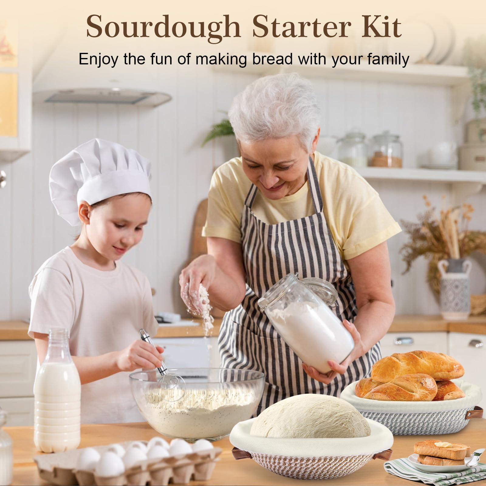Gärkörbchen Sauerteig Starter Set, Gärkorb Brot mit Brotbackzubehör, Sauerteig Zubehör,Brotbackset, Gärkörbchen，Sourdough starter kit für Bäckerinnen, Frauen, Ehefrauen, Mütter für Brot Backen