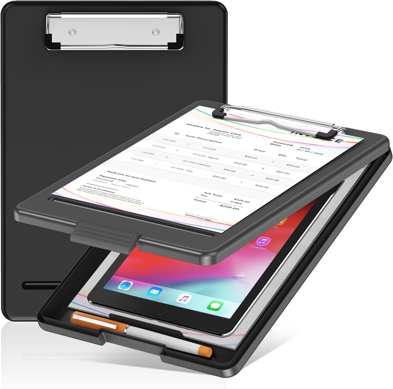 Clipboard with Storage, Plastic Storage Nursing Slim Clipboard with Low Profile Clip, Foldable Letter Size for Nurse, Kid, Salary, Coach, Jobsite, Industrial, Office(9" x 13"x 0.8", Black)