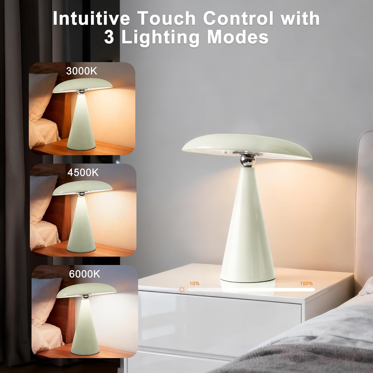 Mushroom Lamp Mid Century Modern Table Lamp, LED Cordless Rechargeable Bedside Light, Dimmable Touch 3-Color Temp, Retro Small Lamp for Bedroom, Living Room，Aesthetic Decor (Cream)