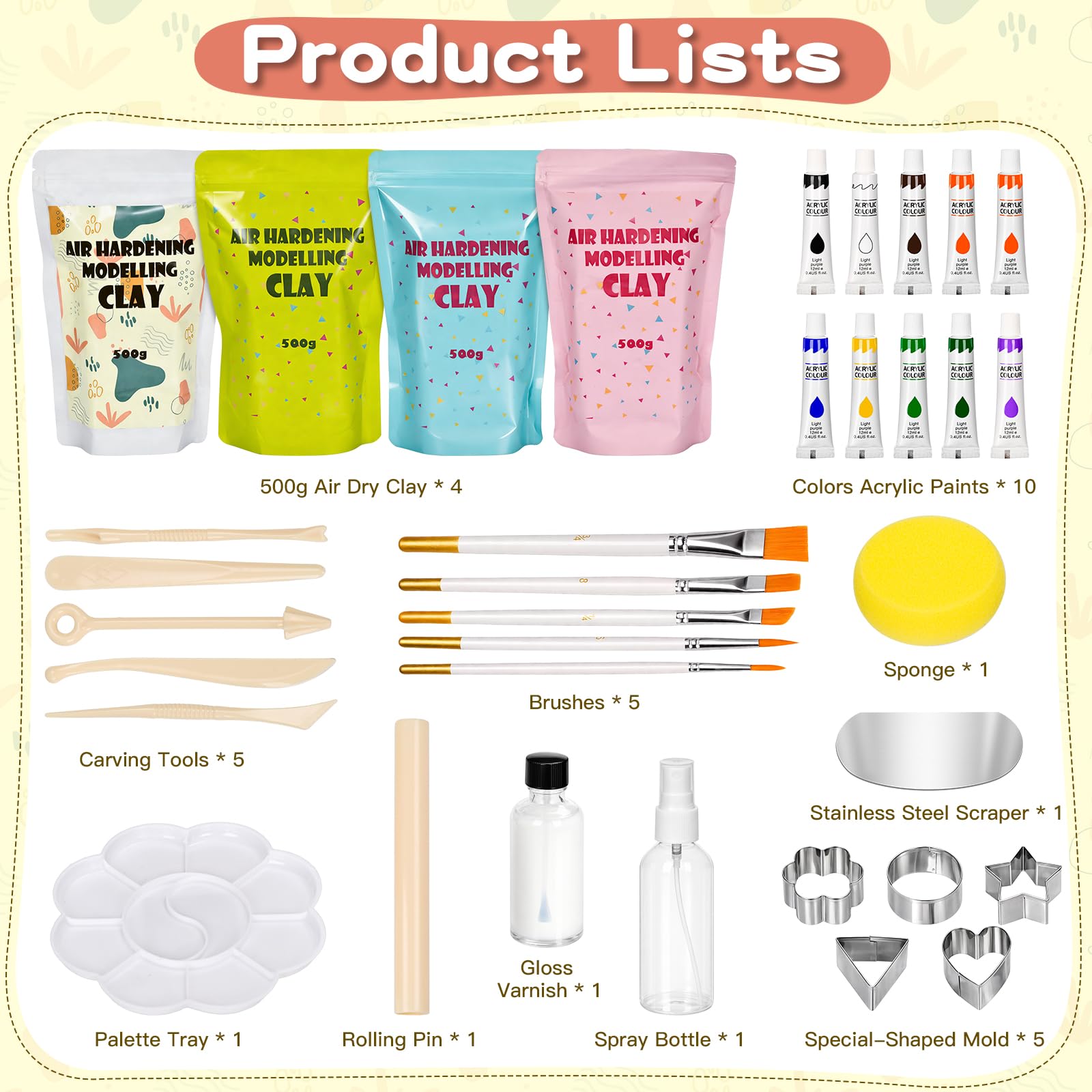 Töpferset für Zuhause für Anfänger 36 Teiliges, 2kg Lufttrocknender Ton, mit Glanzlack, Farbe, Werkzeugset, Pinsel, Schwamm, Töpfern ohne Brennen, für Erwachsene und Kinder für Kreative Projekte
