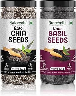 NutroVally Chia Seeds & Basil Seeds combo 400g seeds combo pack (200g each) High in Omega-3, Fiber & Protein Chia seeds Sabja seeds combo pack Supports Digestion, Hydration, Weight loss Vegan