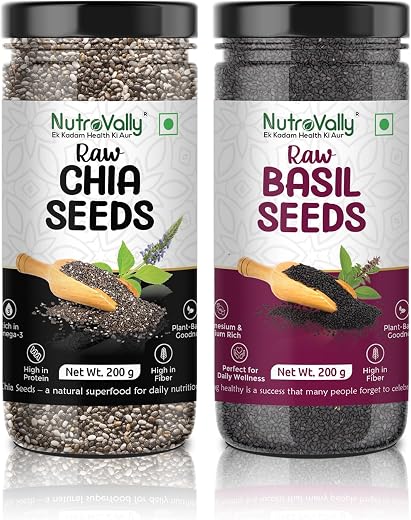 NutroVally Chia Seeds &amp; Basil Seeds combo 400g|seeds combo pack (200g each)|High in Omega-3, Fiber &amp; Protein| Chia seeds| ...