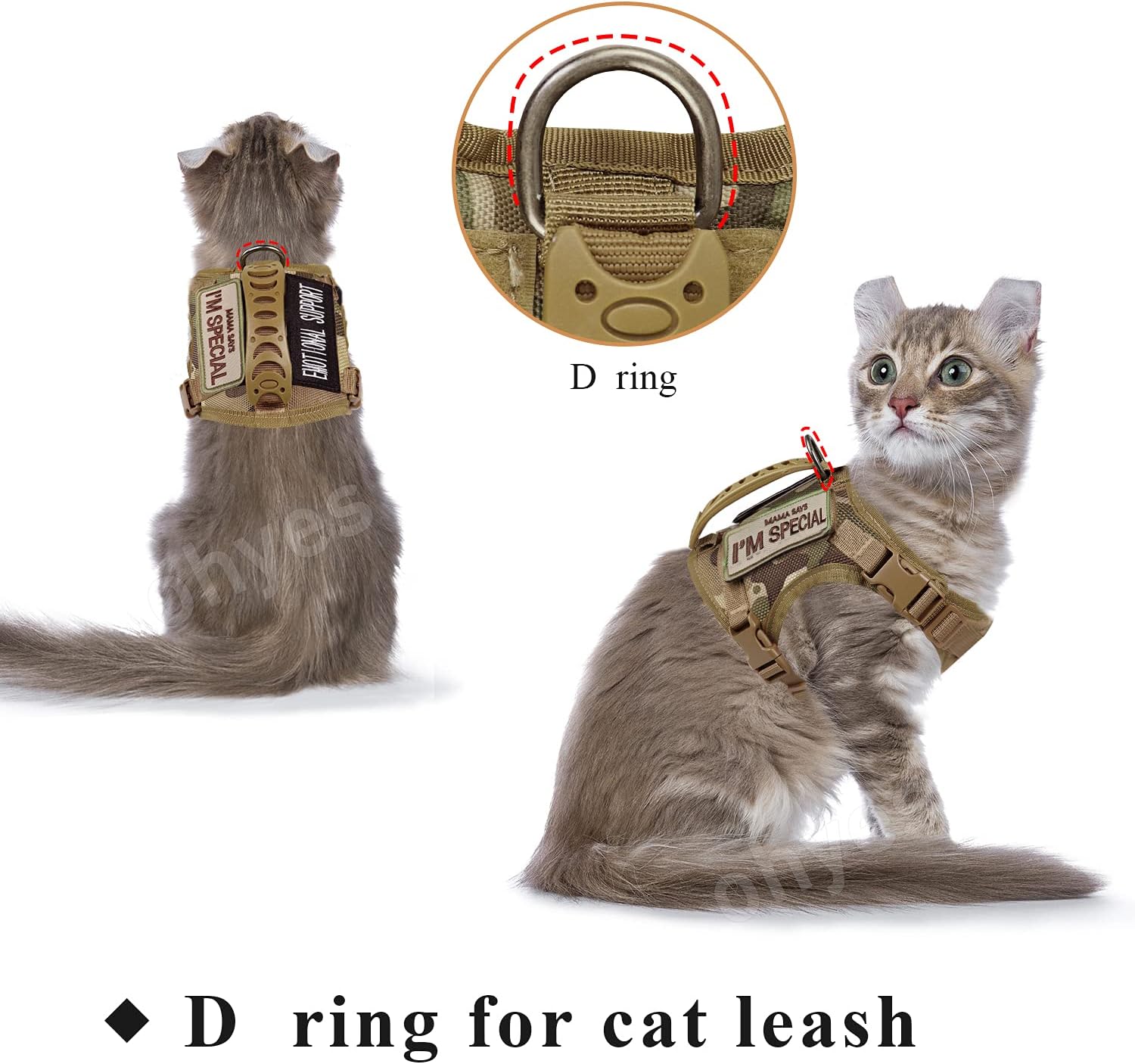 Tactical Cat Harness for Walking Escape Proof, Soft Mesh Adjustable Pet Vest Harness for Large Cat,Small Dog (L, Khaki)
