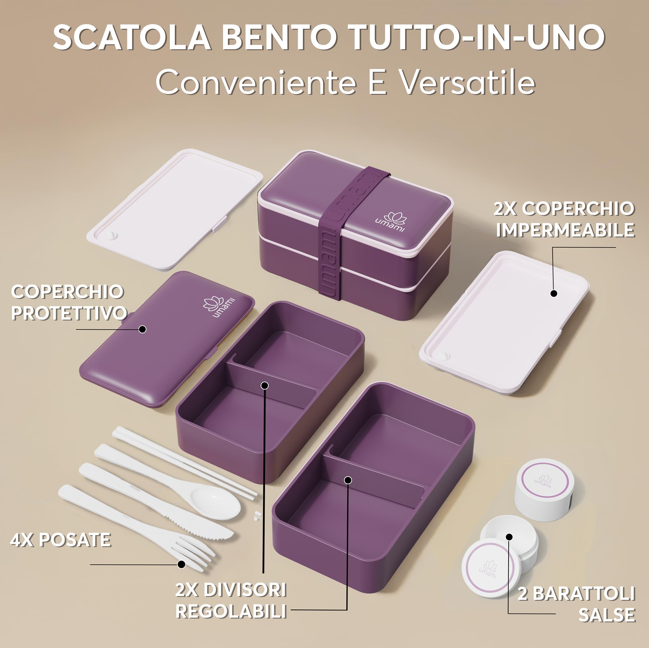 Umami Porta Pranzo Lunch Box Ermetico 4 Scomparti e Posate, Sicuro per Microonde Lavastoviglie, Portapranzo Ufficio Bento Lunchbox Prova di Perdite per Adulti Schiscetta Pranzo, Viola Reale, 1200 ml