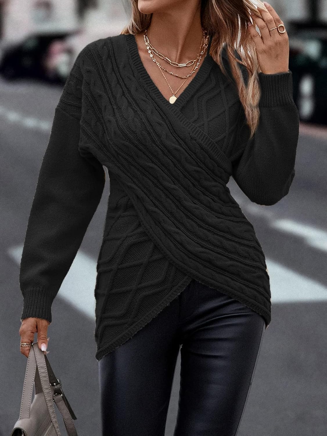 Womens Casual V Neck Long Sleeve Sweaters Cross Wrap Front Cable Knit Pullover Sweater Jumper Tops - Image 4