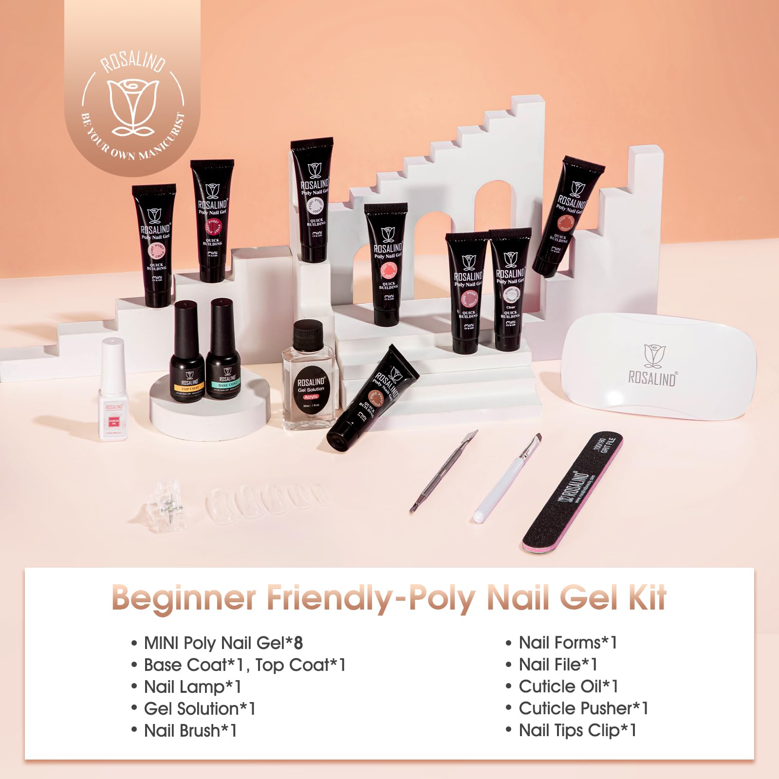 ROSALIND Gel Unghie Ricostruzione Kit Completo 8 Colore 10ml, Poligel Set con Base & Top Coat, Lampada UV e Strumenti per unghie, per Fai Da Te a Casa, Professionale Salone, Kit Unghie Gel Nail Art