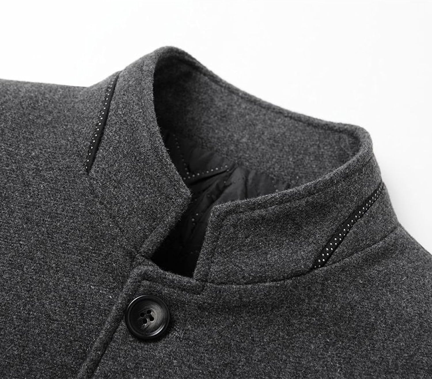 Lu's Chic Men's Slim Fit Wool Jacket Quilted Single Breasted Peacoat Winter Pocket Business Casual Band Collar Pea Coat