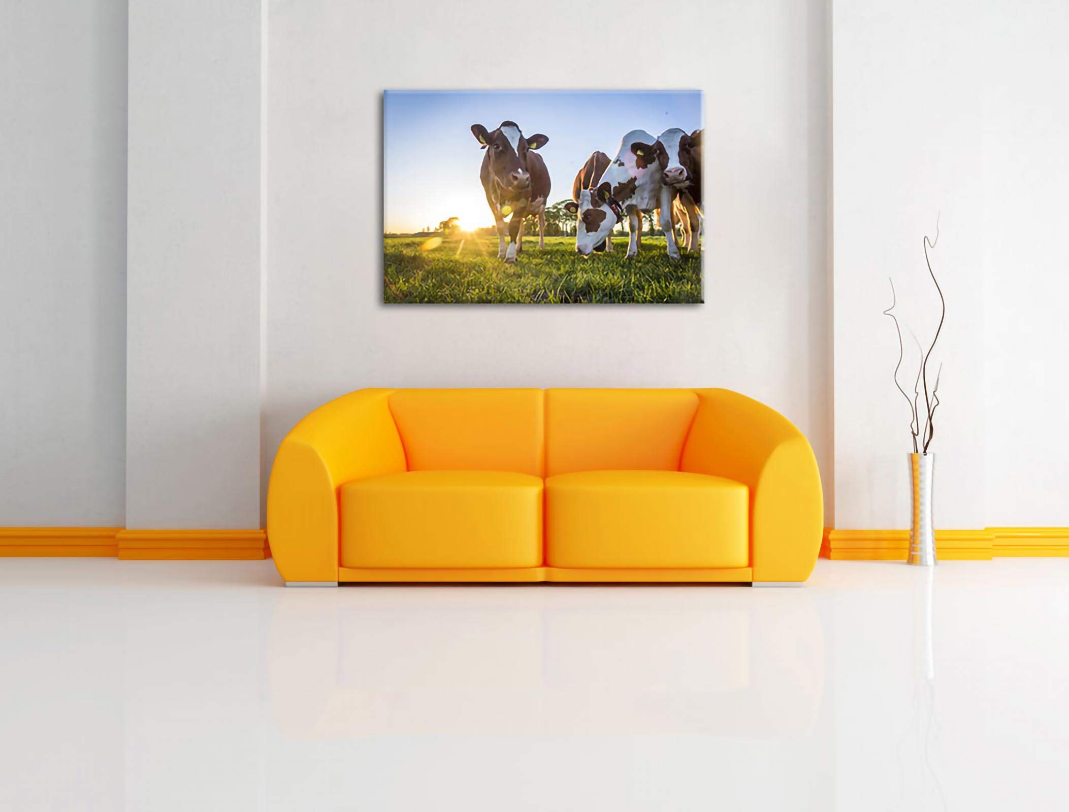 Pixxprint Kühe grasen auf Wiese bei Sonnenuntergang, Größe: 120x80cm, Leinwandbild, fertig gespannt, Wandbild, Dekoration, Kunstdruck, kein Poster
