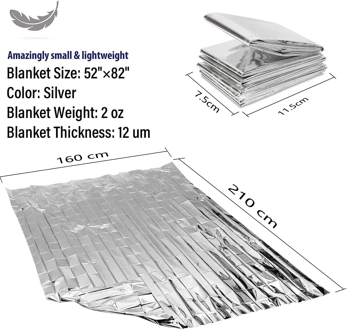 Manta Salvavidas de Emergencia Reutilizable Resistente al Agua 210x160 cm Plata Strak