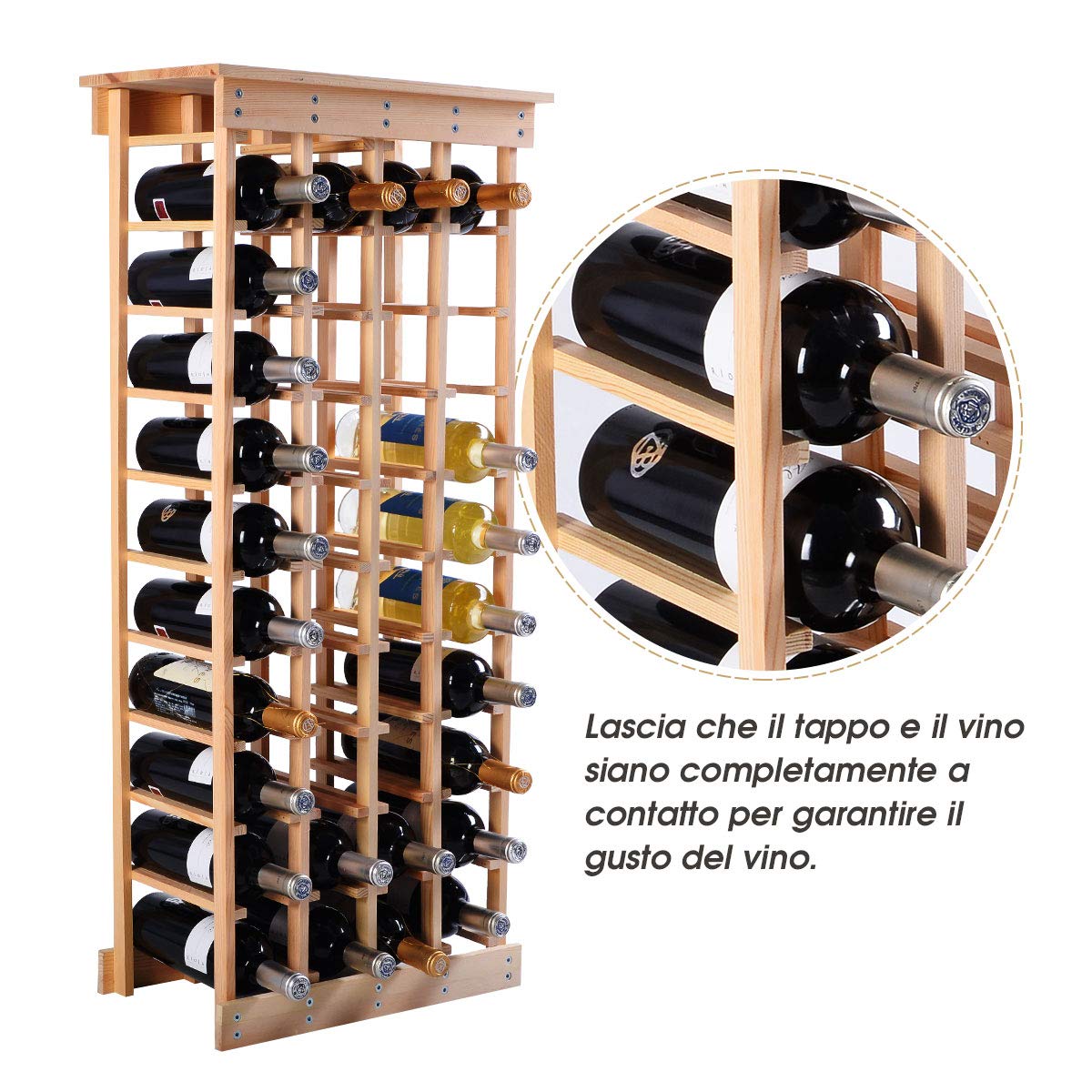 GYMAX Portabottiglie di Vino, Scaffale Porta Vino per 40 Bottiglie, Cantinetta Vino in Legno di Pino, 46,4 x 27,6 x 113 cm