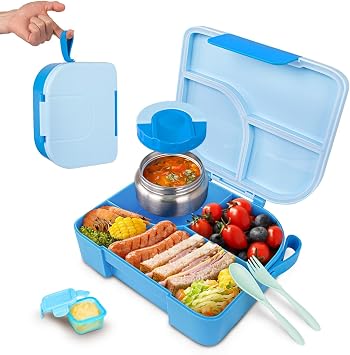 TinyPalsa Bento Box for Kids with 10oz Insulated Food Jar, Leak-Proof Kids Lunch Box with Thermal Food Container, 3 Compartments, Portable Handle, Dishwasher Safe, Ideal for School & Travel Blue