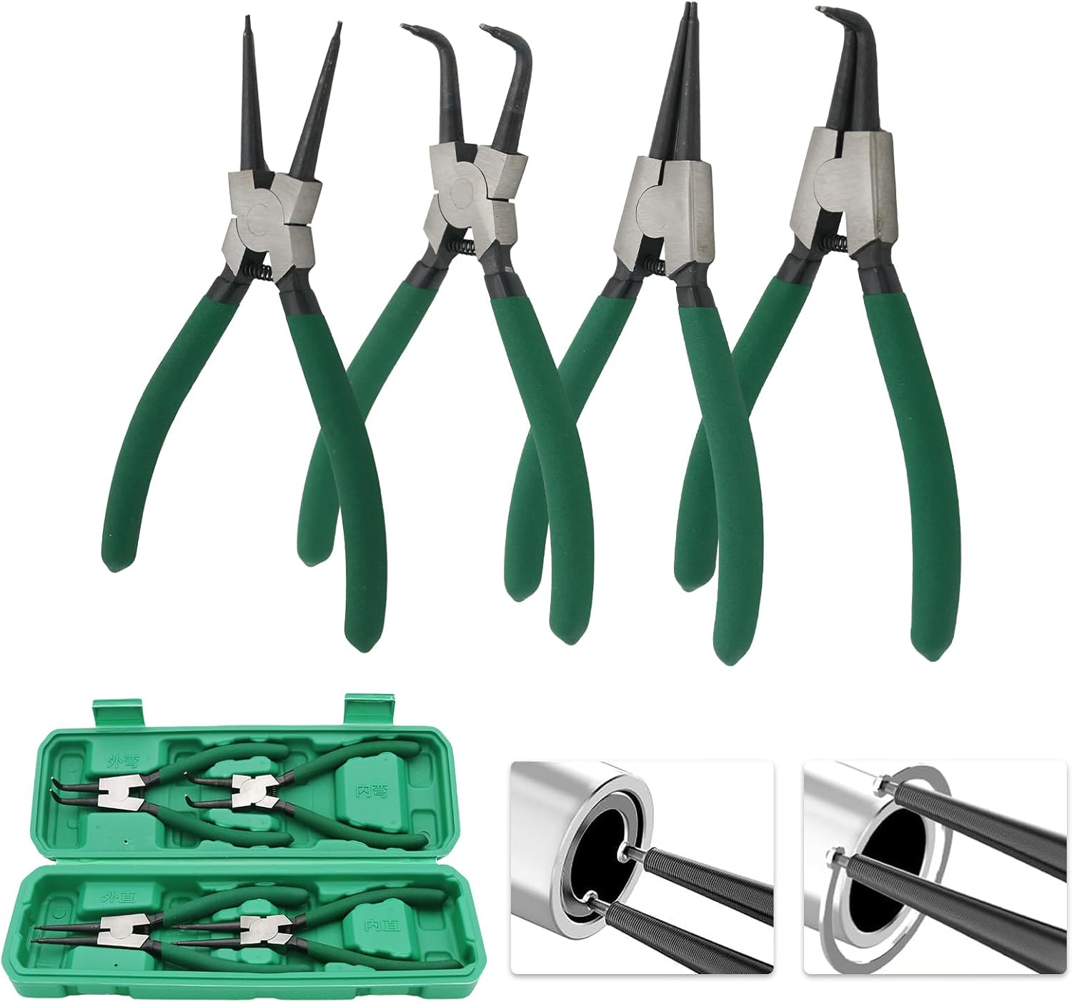 7" Snap Ring Pliers Set, 4Pcs Internal/External Circlip Pliers with Straight/Bent Jaw, Heavy Duty Spring Loaded Circlip Pliers for Ring Remover Retaining and Remove Hoses, Gasket