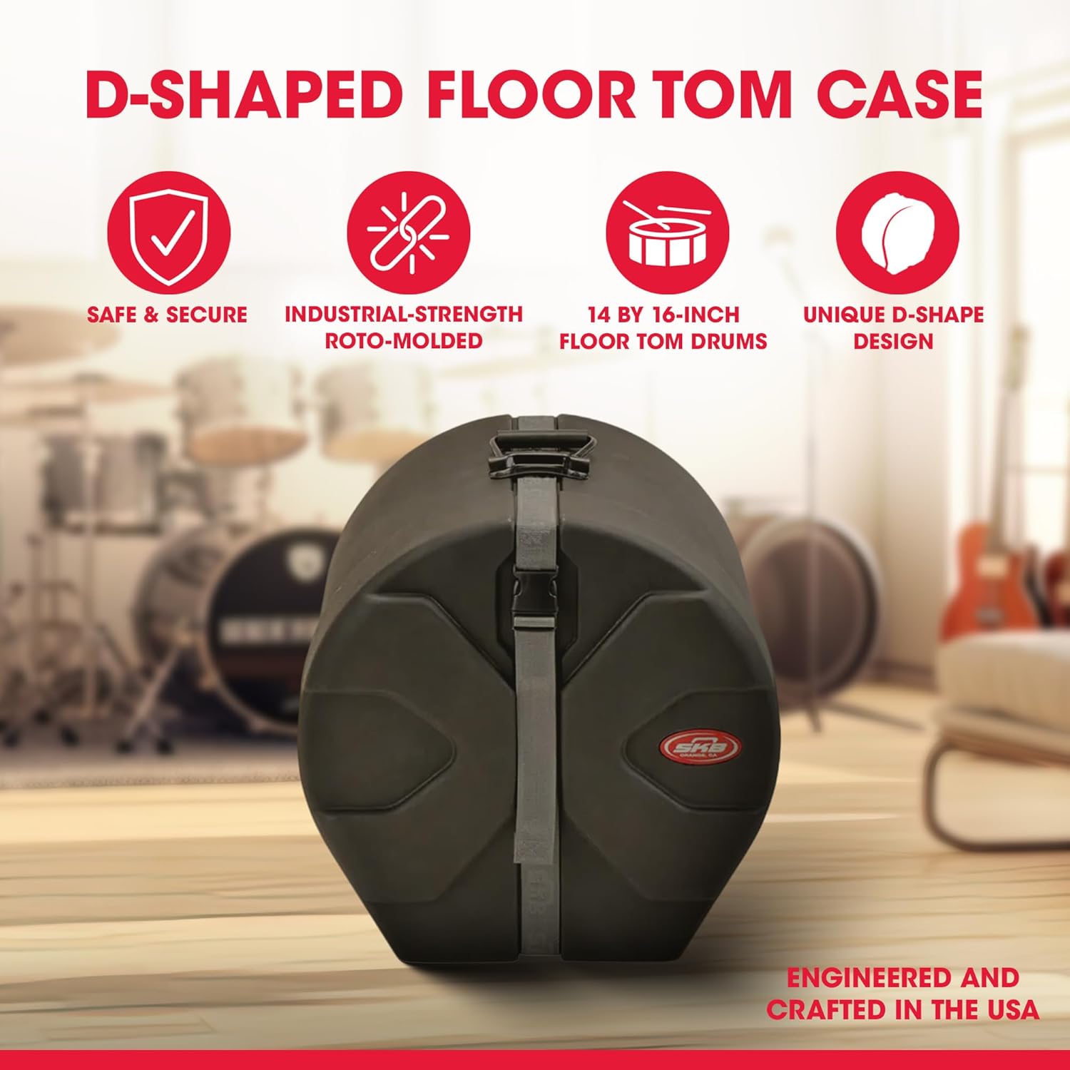 SKB 14" x 16" Tom Case with Padded Interior, D-Shaped Drum Design, and Molded in Feet for Upright Positioning and Stability, Black