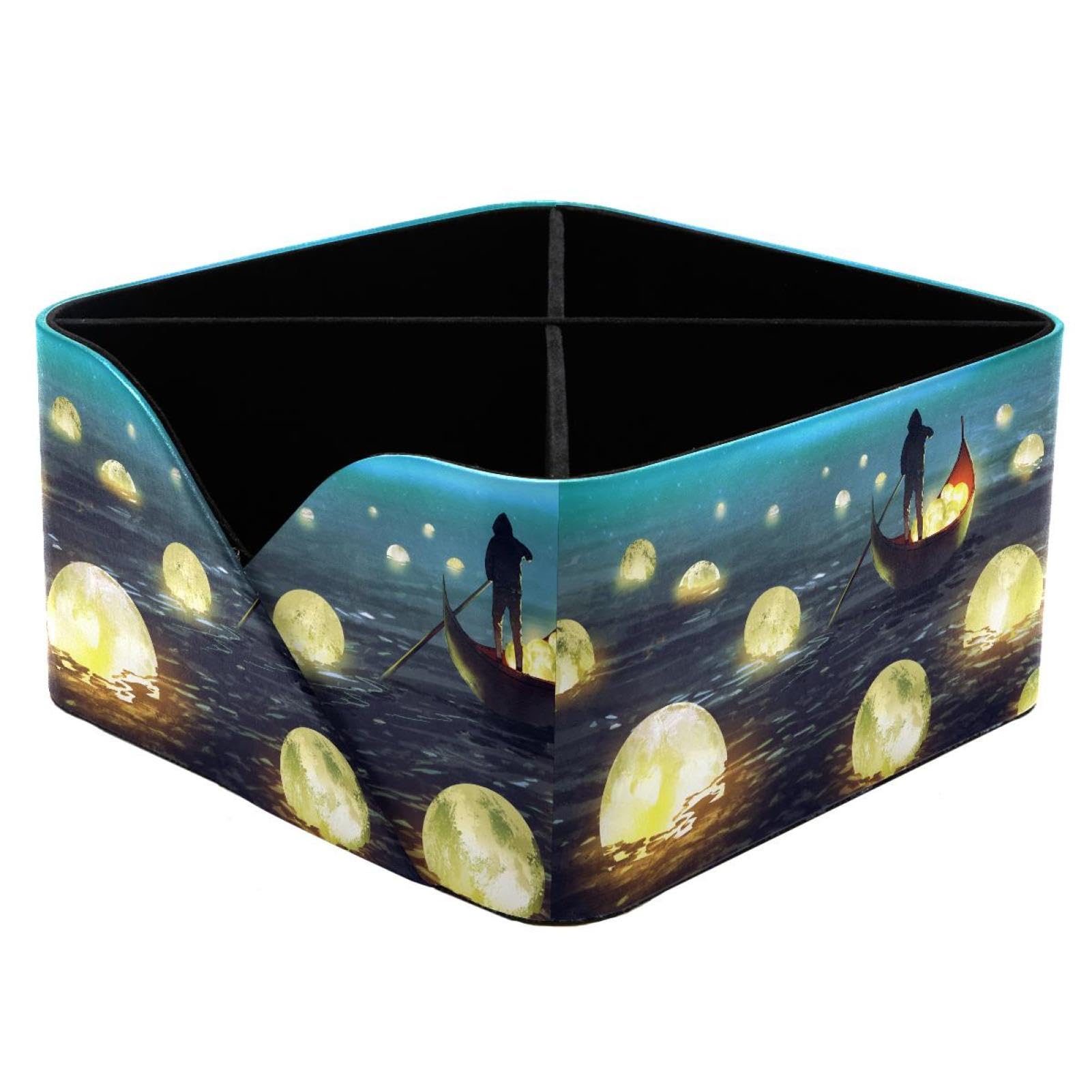 KengjuTesu Man Rowing Boat Glowing Moons Floating Night Scenery Desktop Organizer Pen Holder, Rectangular Pencil Cup for Office, Study and Makeup Stations