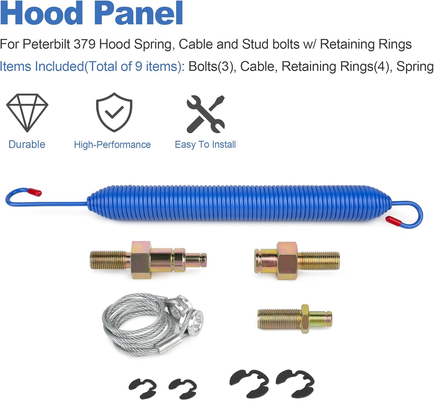 for Peterbilt 379 Hood Spring,Cable and Stud Bolts w/Retaining Rings 13-03761, 13-03663, L92-6000-0718, 13-04638, 13-03662