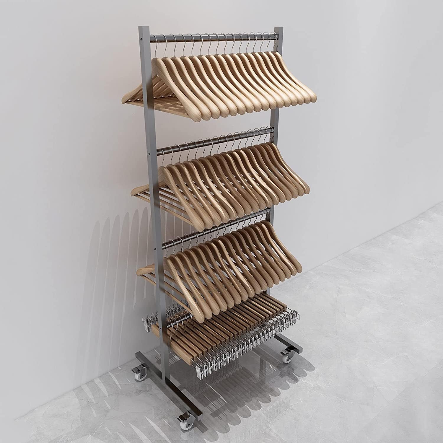 Sistema De Almacenamiento De Perchas De Ropa De 4 Niveles, Soporte De Perchas De Acero Inoxidable con Barras para Perchas, Estantes De Almacenamiento para Tiendas Minoristas