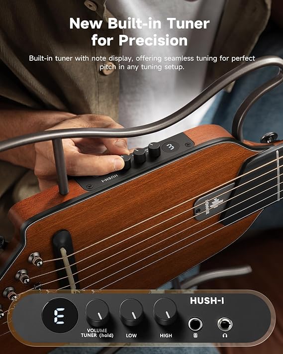 Donner HUSH-I Evo2 Silent Headless Beginner Travel Guitar with Detachable Frame, Natural
