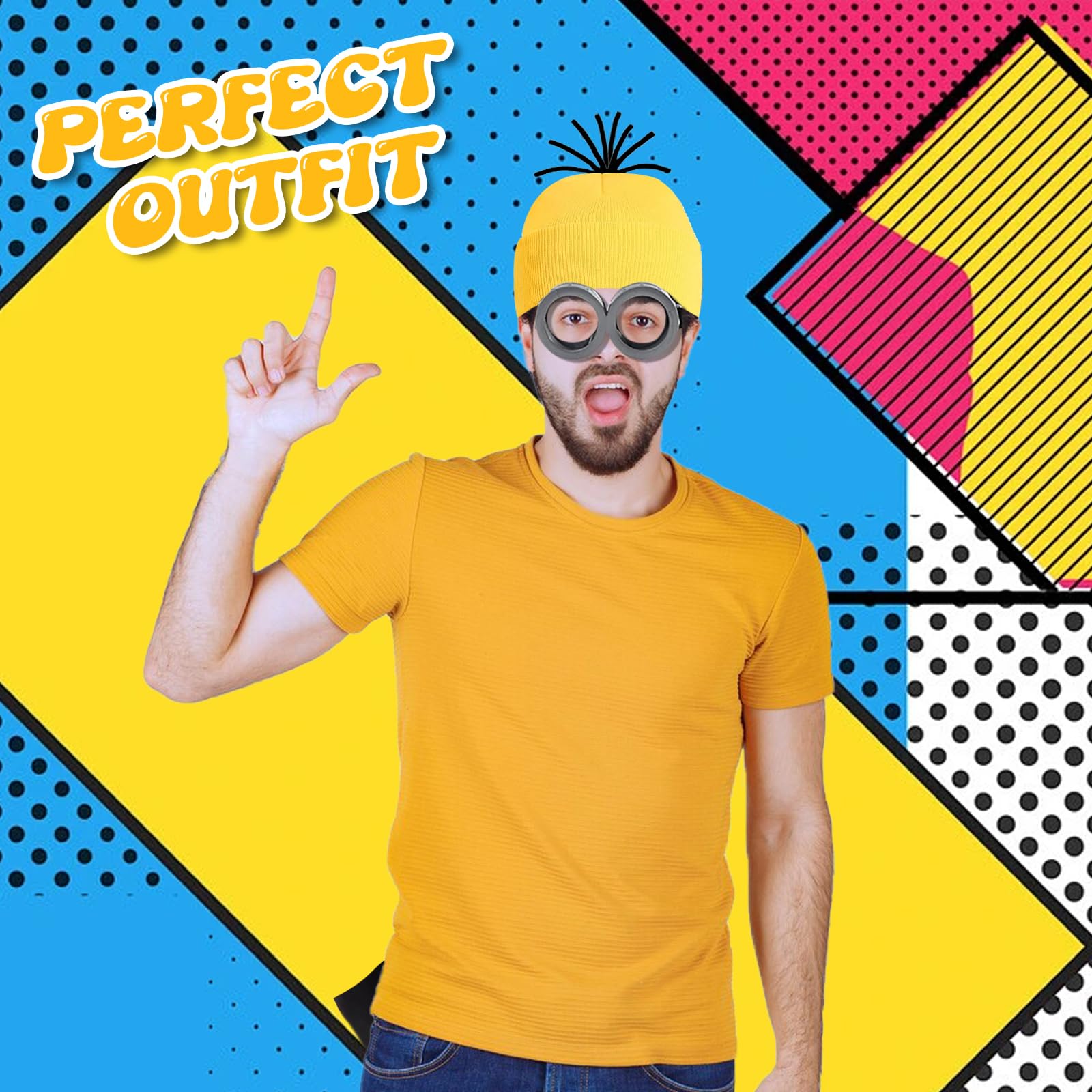 Double Suit Yellow Costume Accessories Set, Yellow Beanie, Goggles & Black Gloves, Perfect for Halloween Parties, Fancy Dress - Image 4