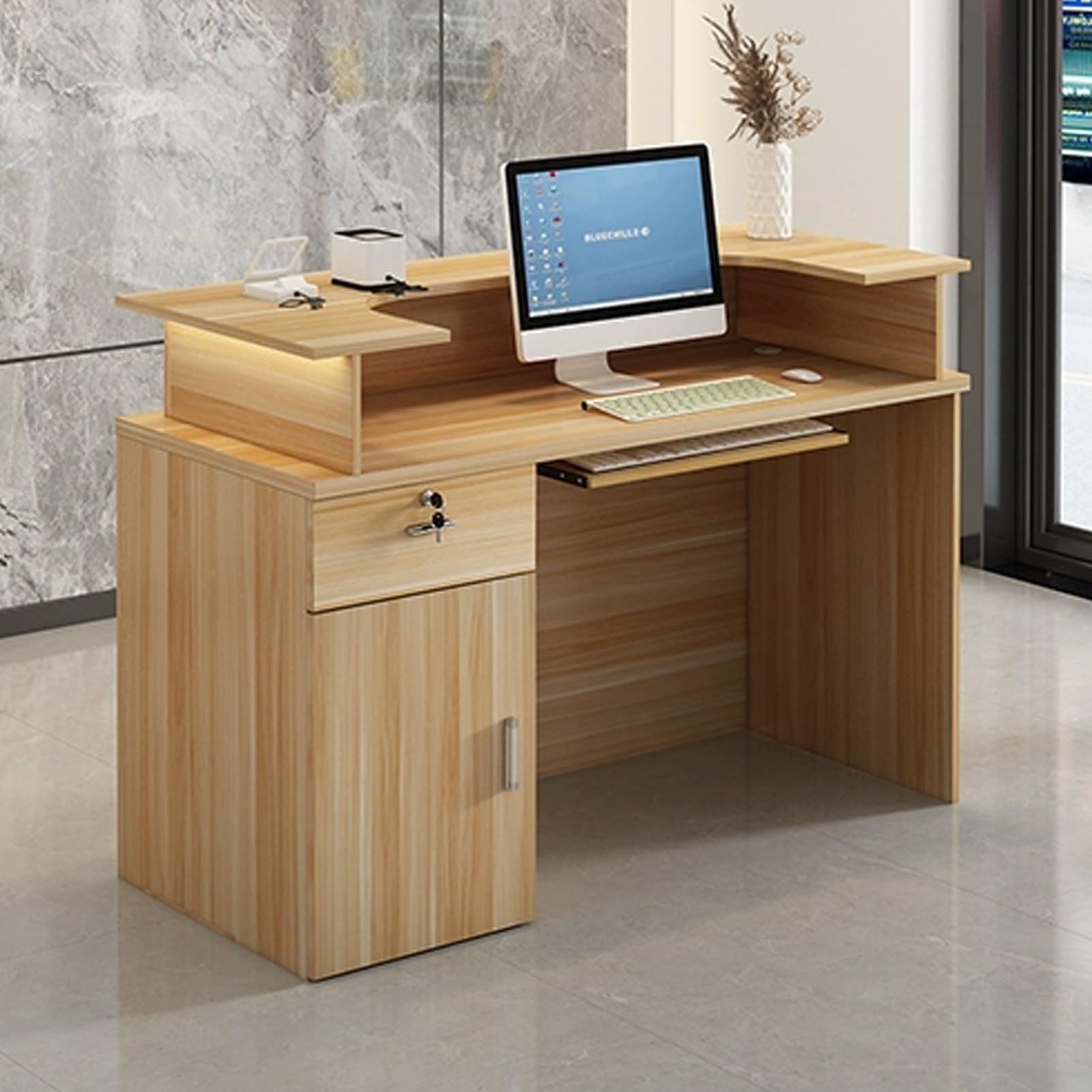 Empfangstheke, Büro-Rezeption, Rezeptionstresen Mit Abschließbaren Schubladen, Kassentisch for Den Einzelhandel In Der Lobby, Stehender Computer-Rezeptionstresen Aus Holz(Brown,39.3inchx100cm)