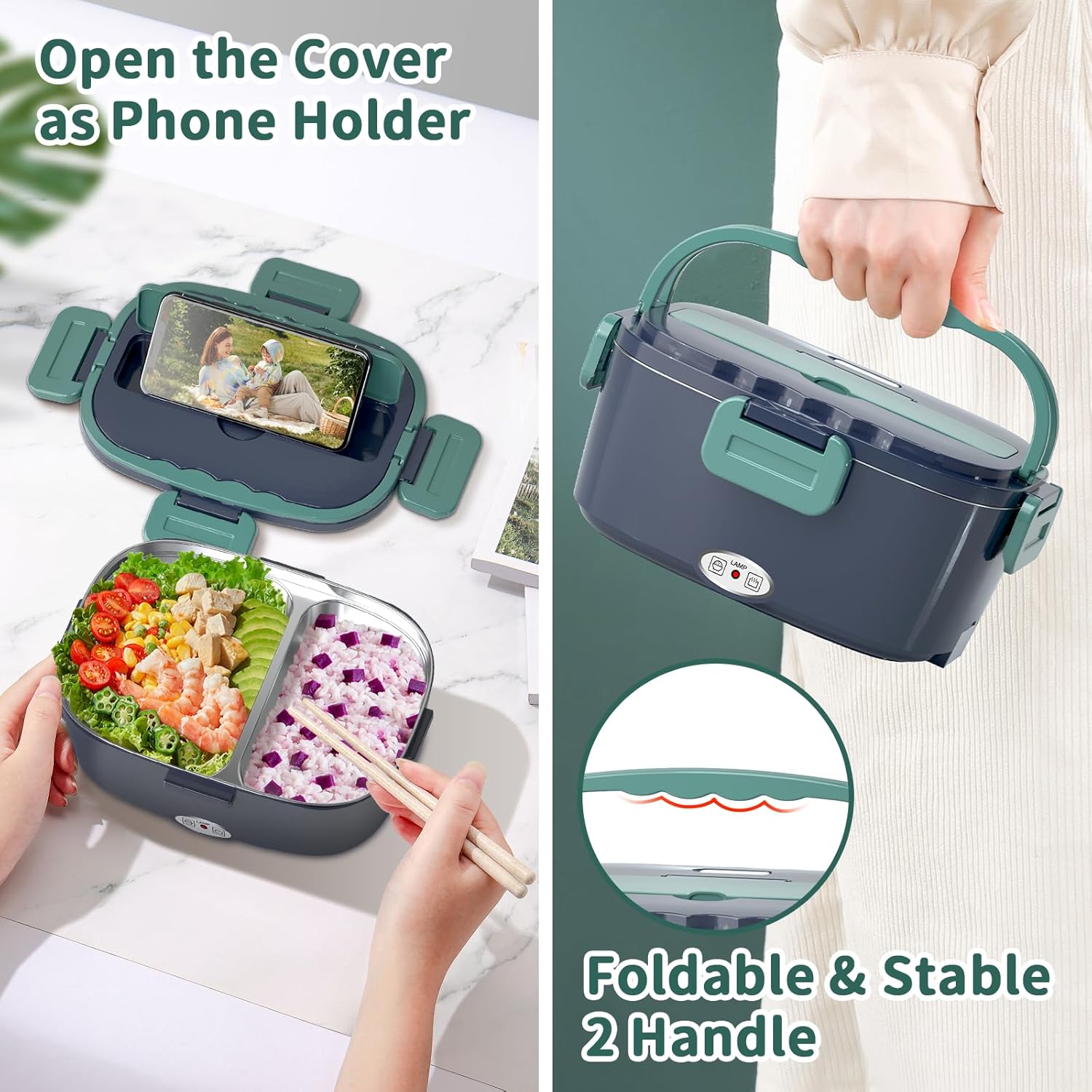 Electric Heated Lunch Box for Adults with 2 Pack 1.5L Containers, Portable 100W 3-IN-1 Fast Heated Lunch Box for Men Women, Portable Heating Food Warmer,12V/24V/110V for Car Truck Office Home Travel