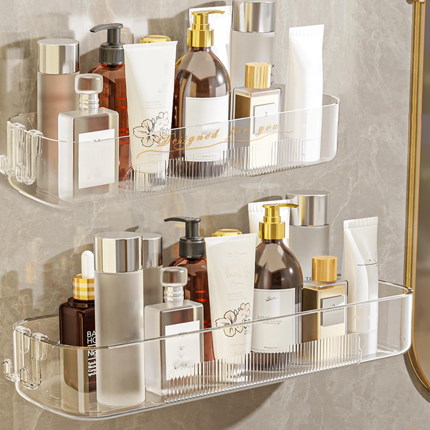 Acrylic Shower Shelves 4Pack, 14" Clear Plastic Wall Shelf Organizer for Bathroom and Kitchen, No Drilling Wall Adhesive Shelf, Bathroom Shelves Organizer for Wall Storage, Large Capacity