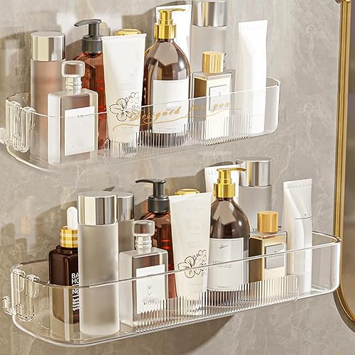 Paquete de 2 estantes de baño acrílicos, estantes de ducha adhesivos transparentes de 14 pulgadas para decoración y almacenamiento de pared de baño,