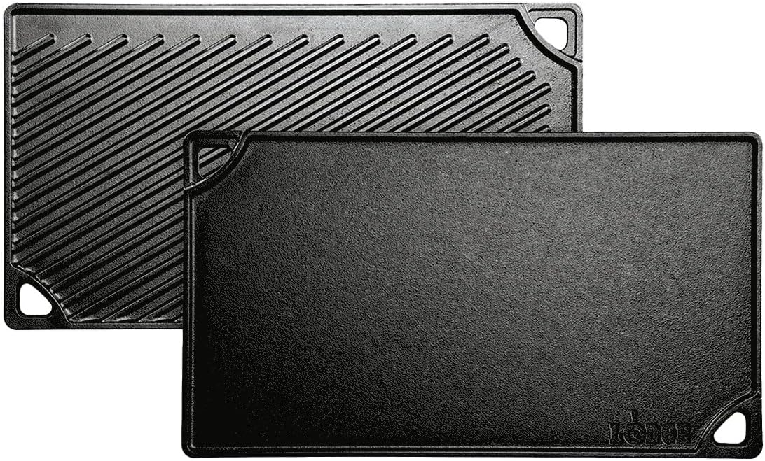 Lodge Reversible Cast Iron Grill/Griddle – 9.5 x 16.75 Inch Pre-Seasoned Cooking Surface – Flat & Ribbed Sides – Use on Stove, Grill, or Campfire – Made in the USA – Heavy-Duty, Black