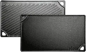 Lodge Reversible Cast Iron Grill/Griddle – 9.5 x 16.75 Inch Pre-Seasoned Cooking Surface – Flat & Ribbed Sides – Use on Stove, Grill, or Campfire – Made in the USA – Heavy-Duty, Black